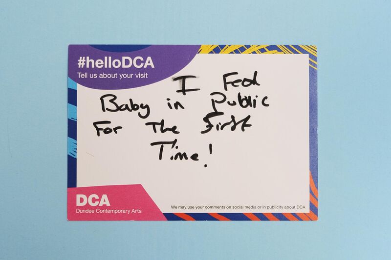 Handwritten feedback card: 'I fed baby in public for the first time!'