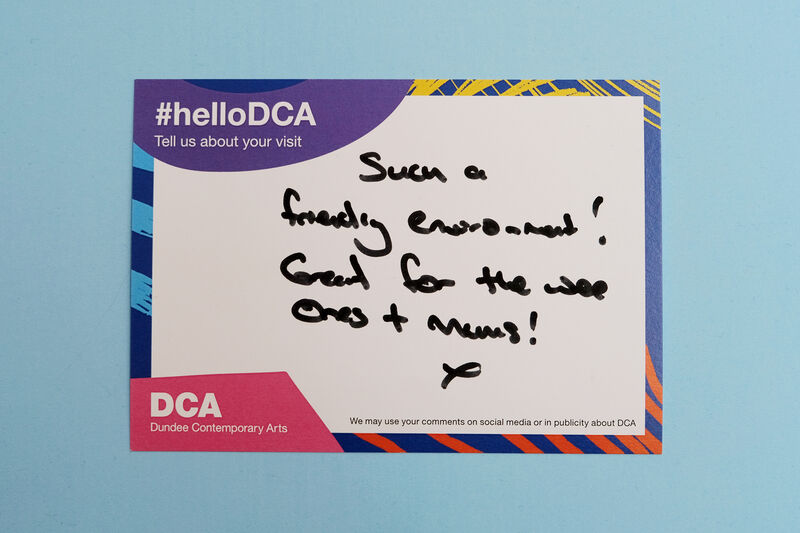 Handwritten feedback card: 'Such a friendly environment! Great for the wee ones + mums!'