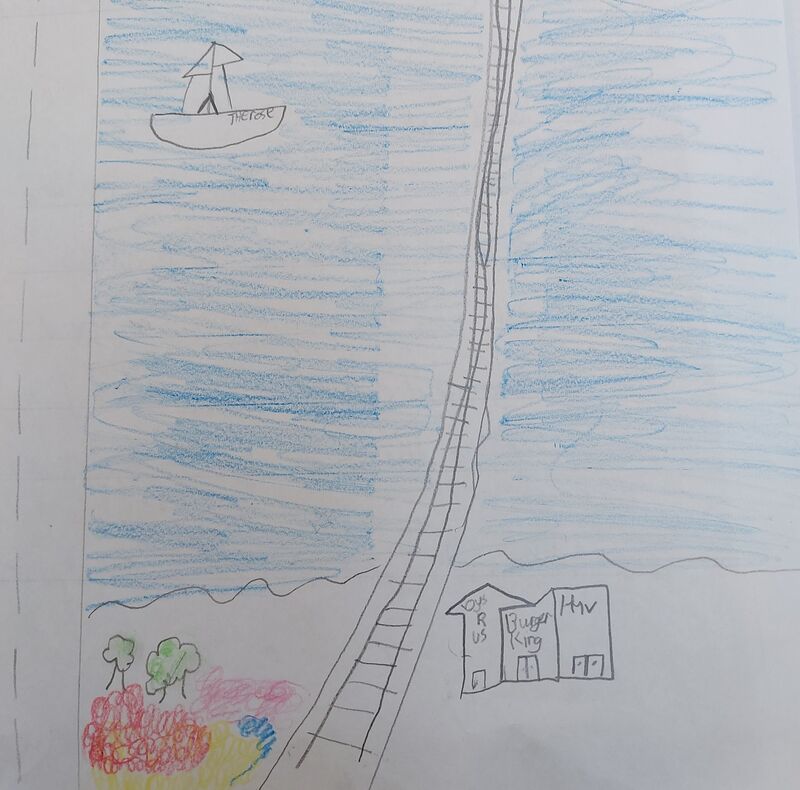 A drawing of the sea with a bridge and a boat on it.
