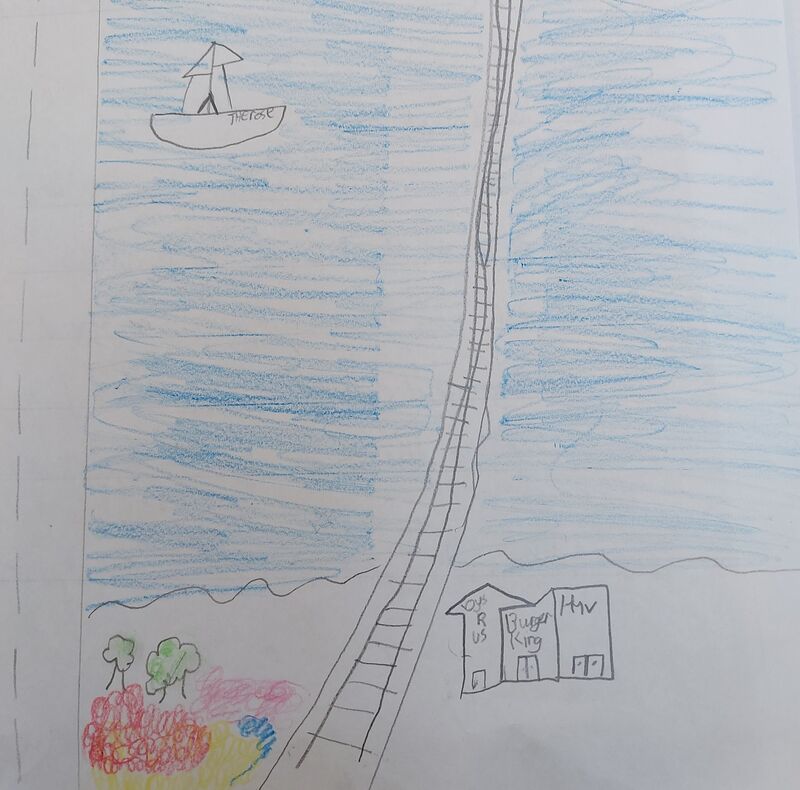 A drawing of the sea with a bridge and a boat on it.