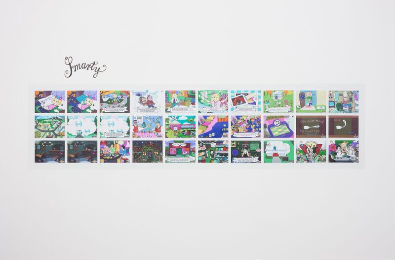 Postcard size illustrations on a white wall show the storyboard from Theresa Duncan's video game 'Sunday'. The drawings are colourful and drawn with a computer.