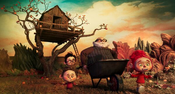 An animated scene of a tree house in the background. In the foreground a man pushing a wheelbarrow and three children 