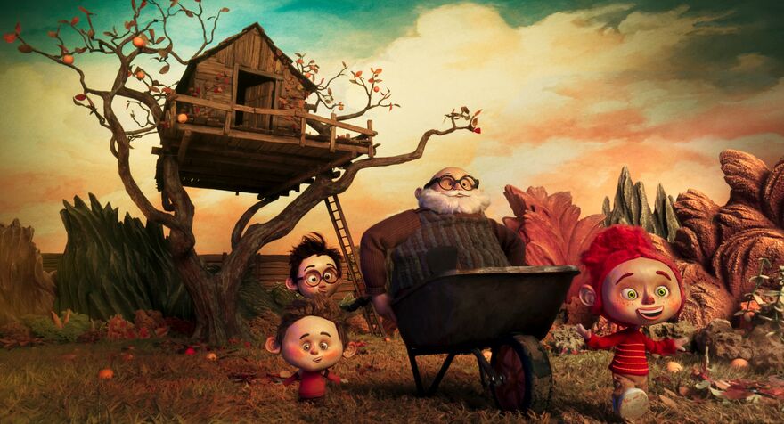 An animated scene of a tree house in the background. In the foreground a man pushing a wheelbarrow and three children 