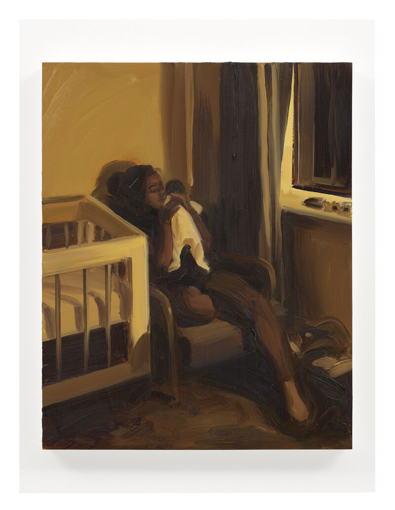 A painting of a woman holding a baby on a chair in a dark room