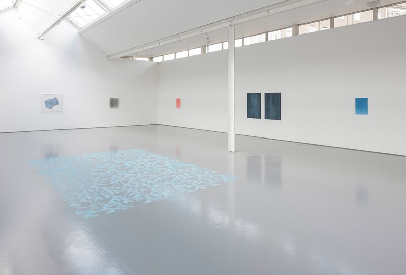 From Duncan Marquiss's exhibition Copying Errors - a blue, pixel pattern is projected on to DCA's gallery floor.