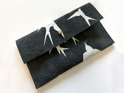 Black suede leather pouch with white printed bird design