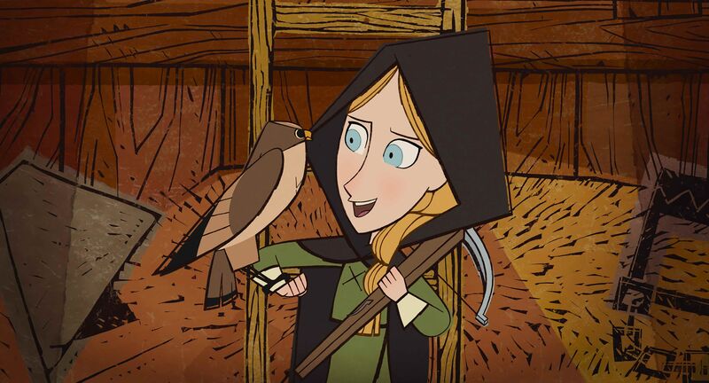 An animated girl talks to a bird of prey leaning on her arm.
