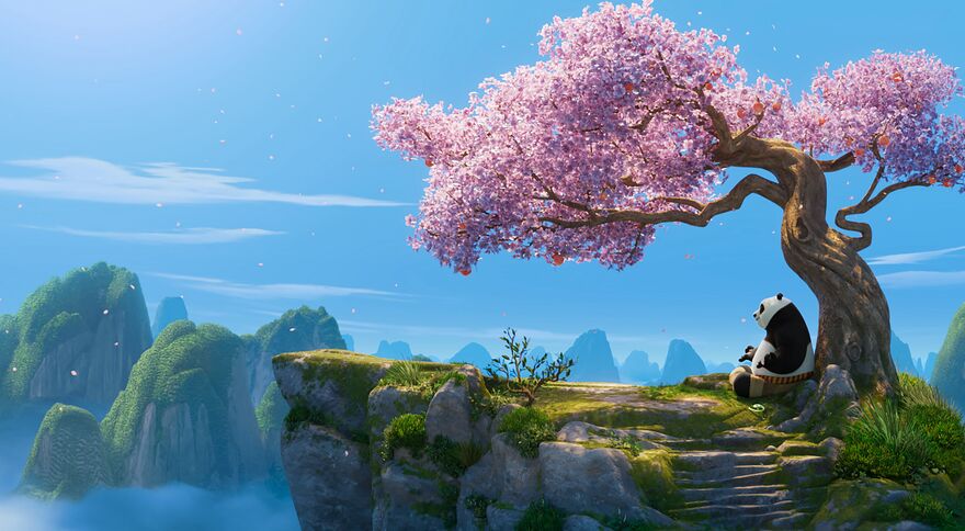 Animation still: Kung Fu Panda meditates under a cherry tree