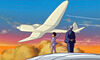 Two men watch an aeroplane fly by in the clouds