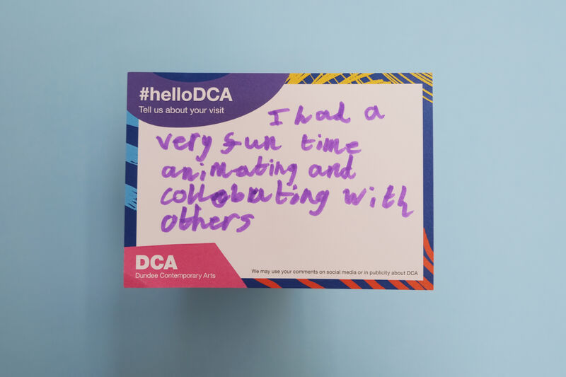 Handwritten feedback card: I had a very fn time animating and collaborating with others