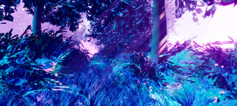 A computer-drawn image of purple-hued ferns and trees