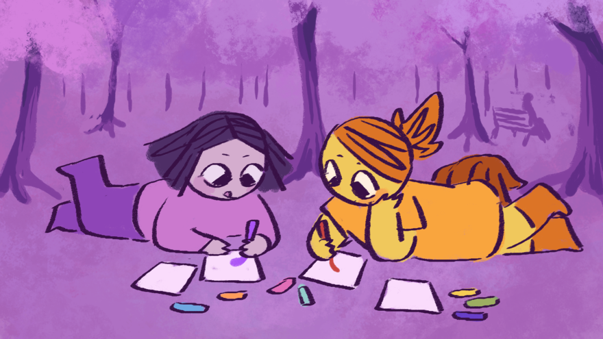 A painted image of two animated girls lying on forearms drawing pictures