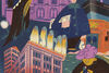 Close up of Kate Benzie print showing a row of penguins standing on a building
