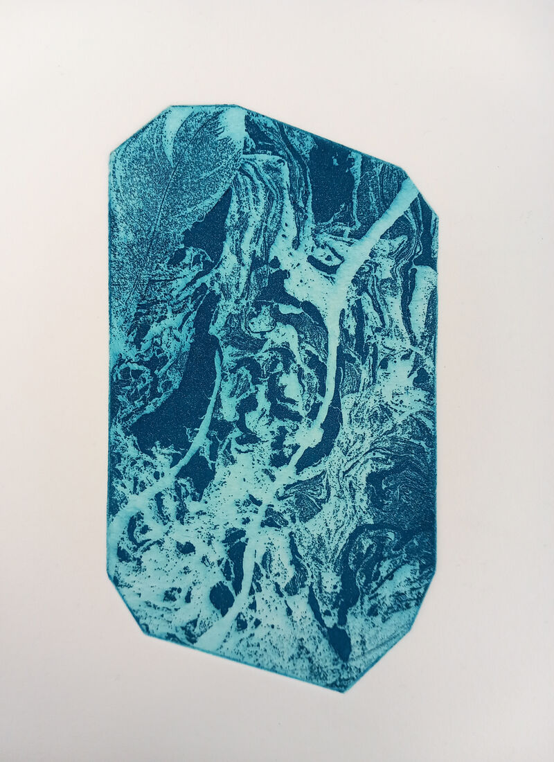 Marbled etching in light and dark blue ink