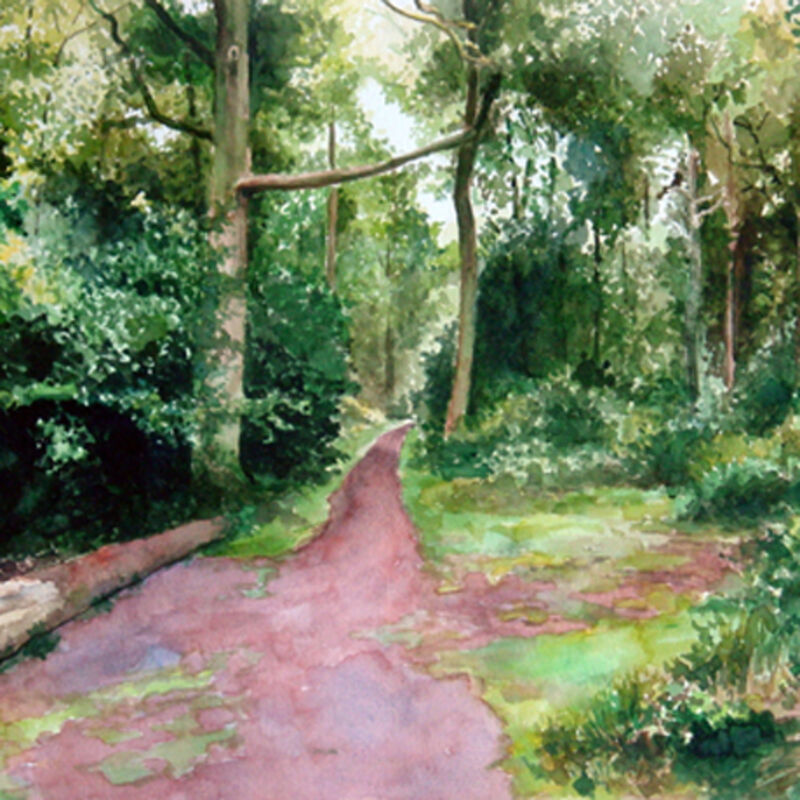 A painting by George Shaw of a path leading through green woods.