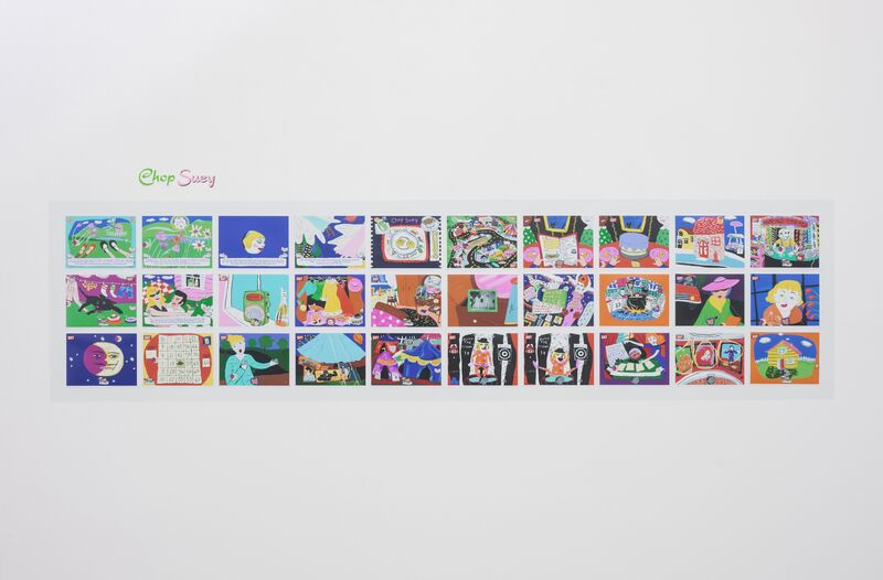 Postcard size illustrations on a white wall show the storyboard from Theresa Duncan's video game 'Chop Suey'. The drawings are colourful and drawn with a computer.