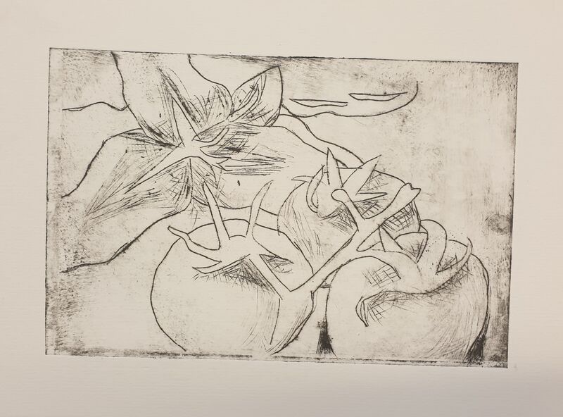 Etching of tomatoes and a flower