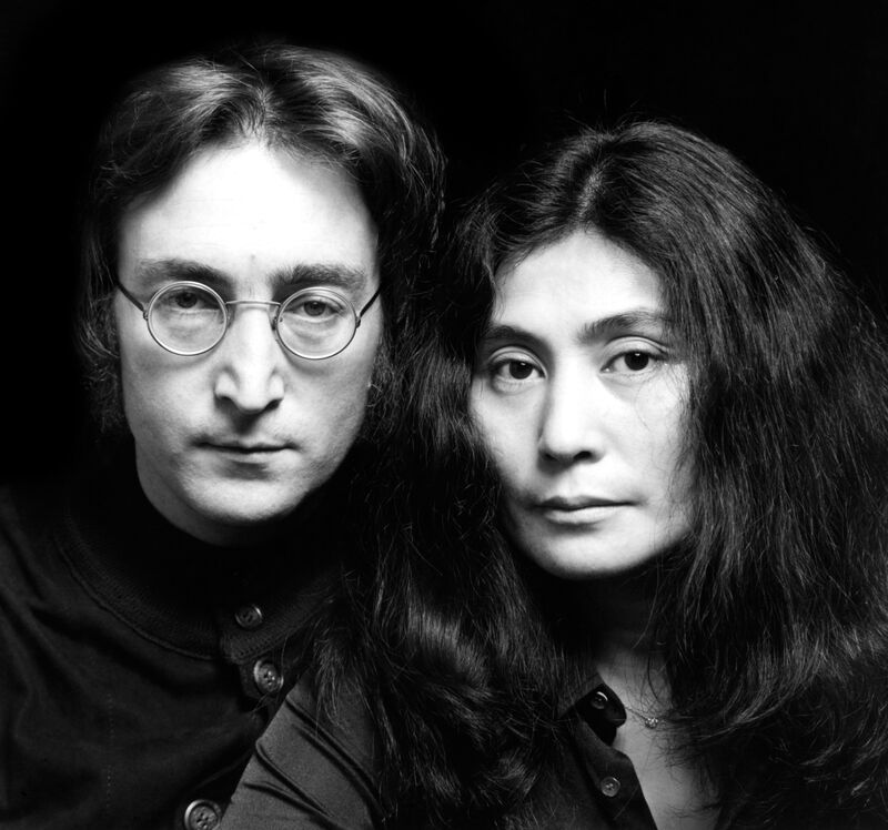 A black-and-white photo of John Lennon and Yoko Ono in 1972.