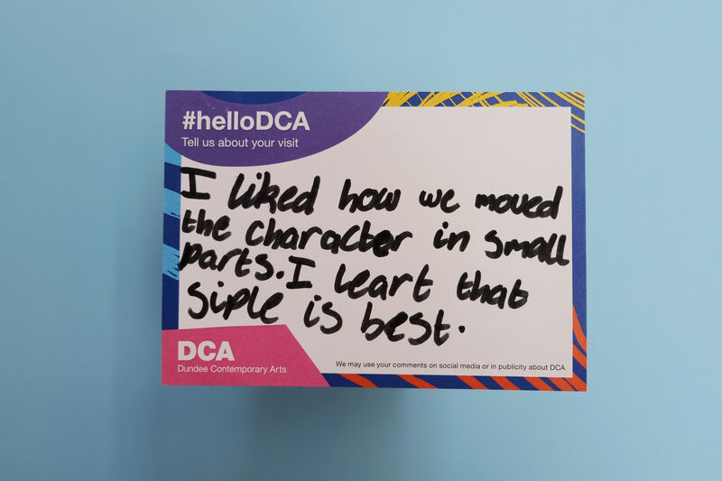 Handwritten feedback card: I liked how we moved the character in small parts. I learnt that simple is best