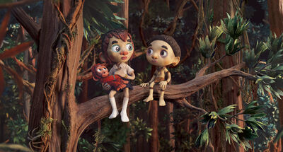 A claymation still shows two children and a monkey sitting on a tree in a jungle together.