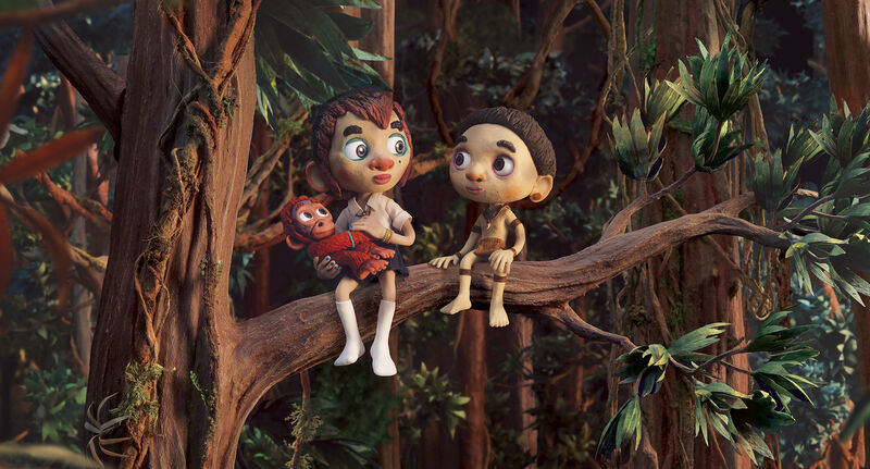 A claymation still shows two children and a monkey sitting on a tree in a jungle together.