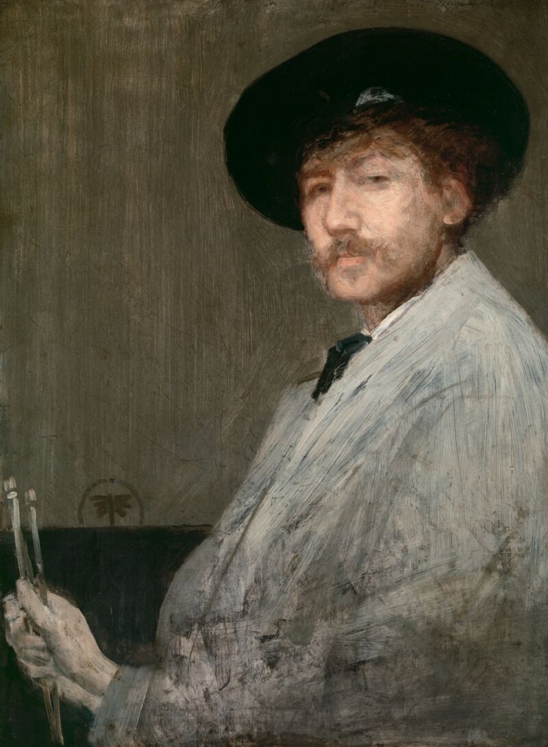 Self-portrait of the artist Whistler. He wears a dark hat and white coat, and holds brushes.