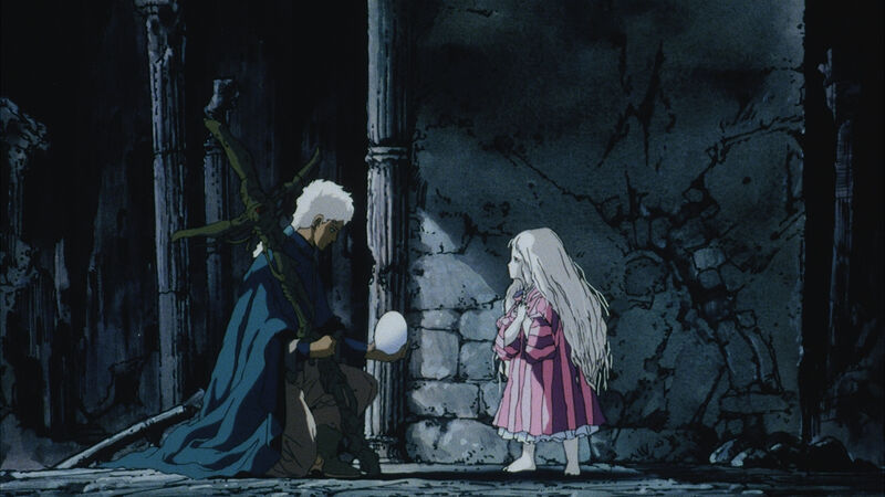 Anime still of a man in a cape handing a small girl an egg