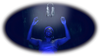 a lady bathed in blue light with arms outreached in a hazy dark oval