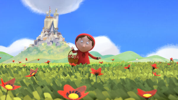 Animation still: Little Red Riding Hood carries a basket through a field.