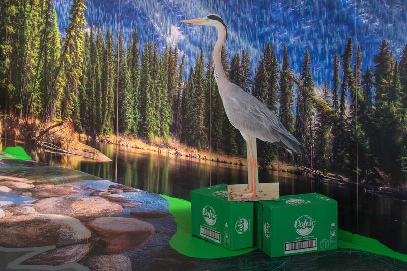 From Heather Phillipson's exhibition. A cut-out photograph of a heron is placed on top of two boxes of Volvic water. The background is a photograph of a lake with green fir trees.