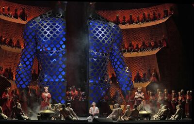 A colourful opera stage filled with singers