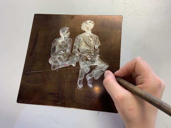 Etching plate with image of two people sitting next to each other