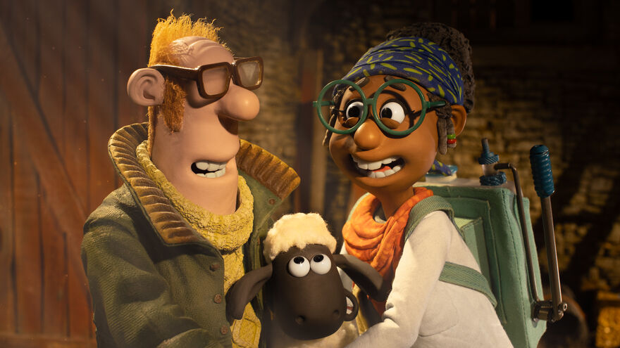 A claymation man and woman smile at each other while a sheep looks at them