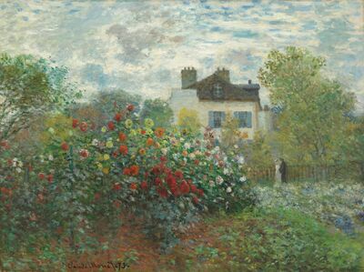 The Artist's Garden in Argenteuil (A Corner of the Garden with Dahlias), 1873 Multicoloured flowers and shrubbery in the foreground, and a White House with blue shutters in the background. 
