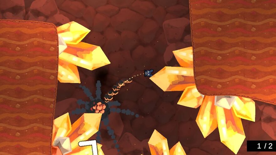 A video game still shows a little black bunny jumps across orange crystals