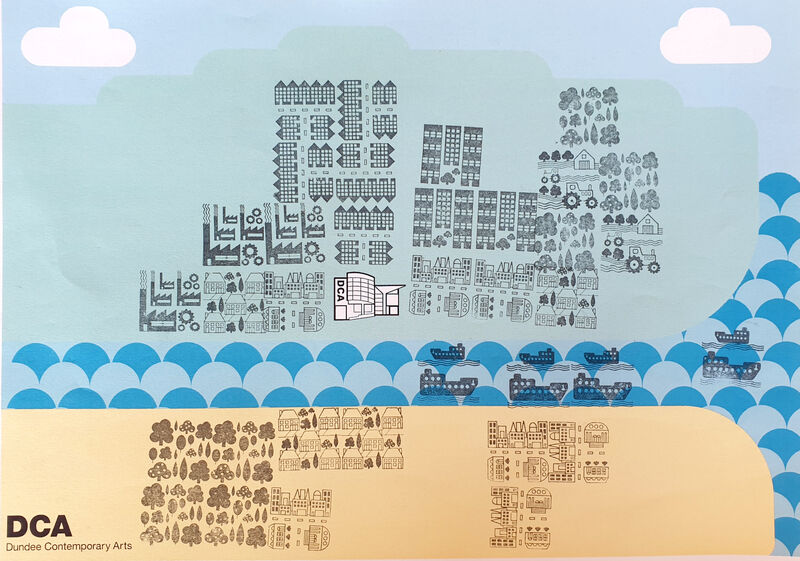Scene of a landscape with a city made up of building stamos