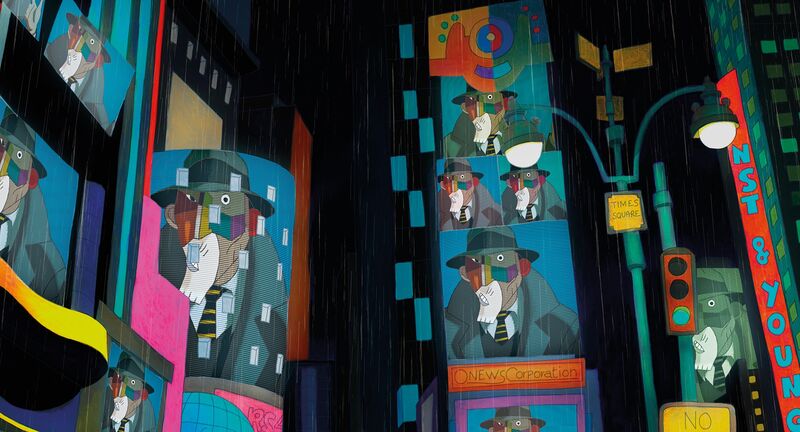 A hand-drawn animation still shows lots of billboards displaying a Picasso-like face wearing a hat and suit.