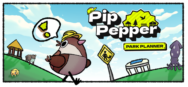 The title image from Pip Pepper Park Planner - a little bird wearing a construction hat and a speech bubble with an exclamation mark coming out of it. He is walking through a park with a trampoline, a squid, a hamster and a deer standing in it.
