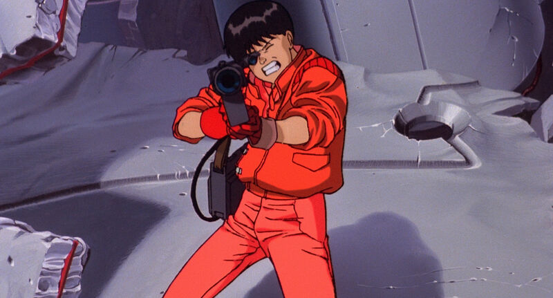 Still from anime Akira of a man wearing red and holding a gun