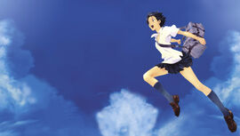 An anime drawing shows a girl in school uniform leaping through the sky.