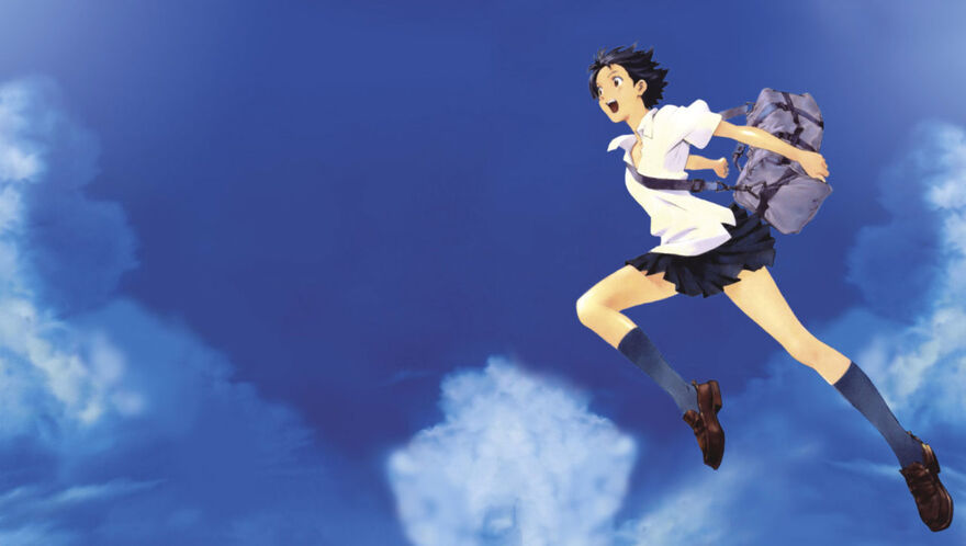 An anime drawing shows a girl in school uniform leaping through the sky.