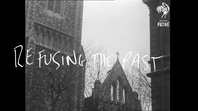 A black and white film image of a church with the words 