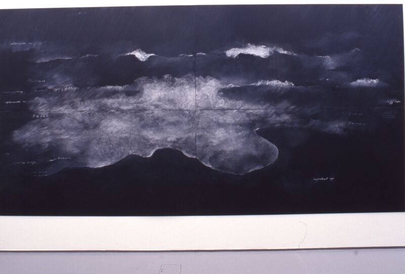 Tacita Dean's exhibition in DCA Galleries. A large black canvas with large, curved shapes on it in chalk hangs on the white gallery walls.