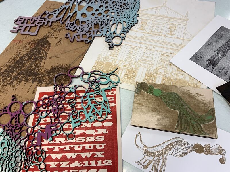 Examples of printing blocks made on a laser cutter and the resulting prints