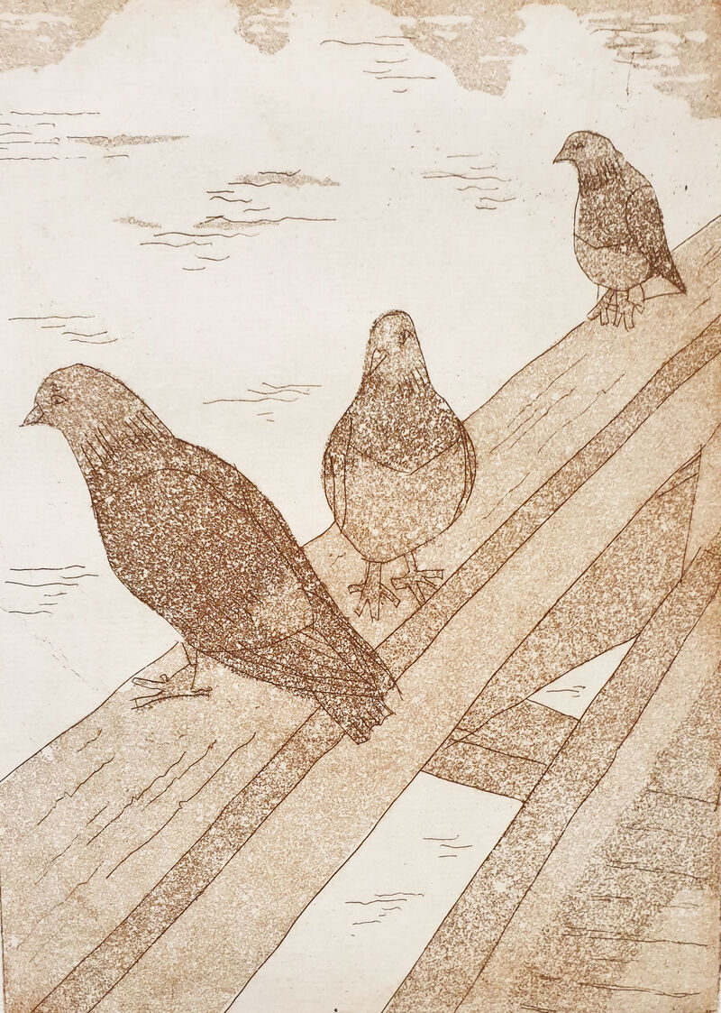 Etching in brown ink on white paper showing three pigeons sitting on a fence beside water