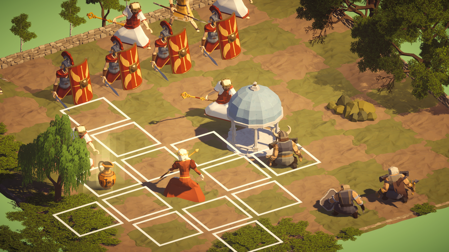 A figure stands ready to move forward in a medieval chessboard landscape