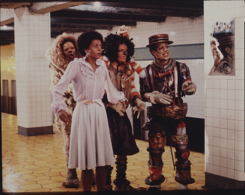 Image from the Wiz: Dorothy, the scarecrow, tin man and lion in a subway station