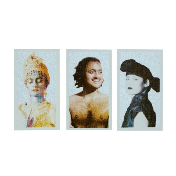 Three small prints of characters from Michelle Williams Gamaker's film Thieves Ephemera