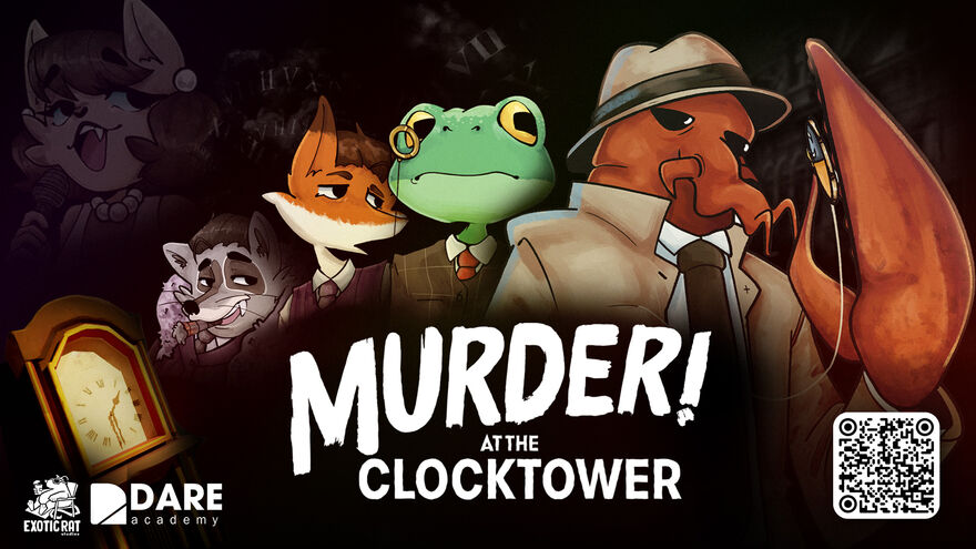 Four anthropomorphic figures face the screen next to a clock and the title of the game