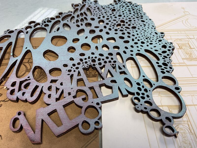 Example of laser cut printing block with bubble and letter design